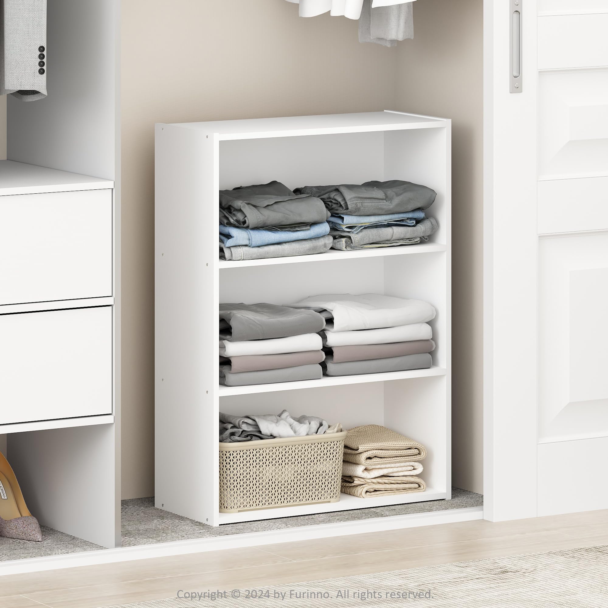 Furinno Reed 3-tier closet organizer front view showing accessible wardrobe storage.