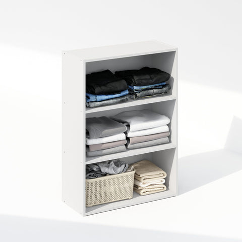 Open three shelves on Furinno Reed store shoes, shirts, and bins.