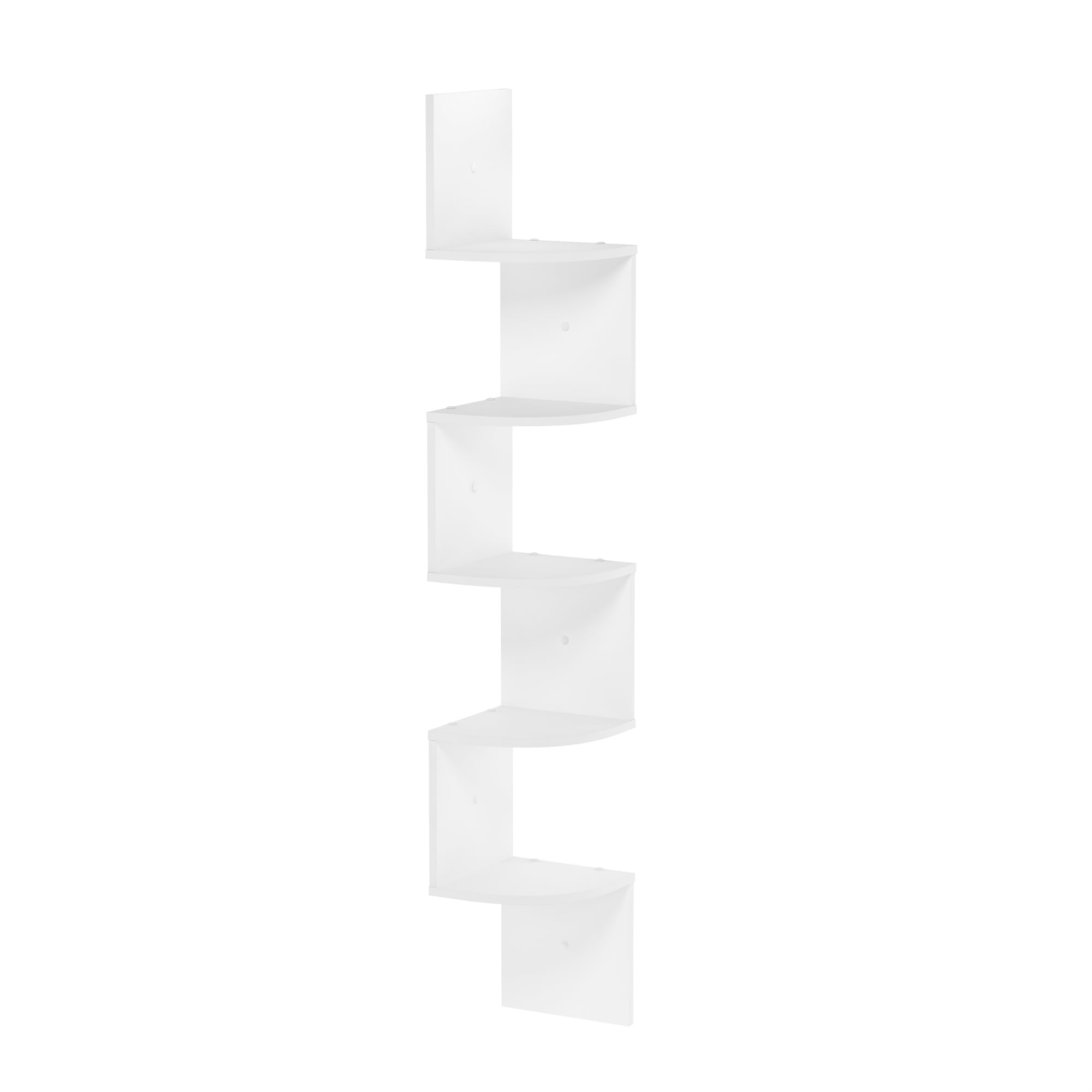 Furinno Rossi five-tier wall mount corner shelf in white displaying decor.