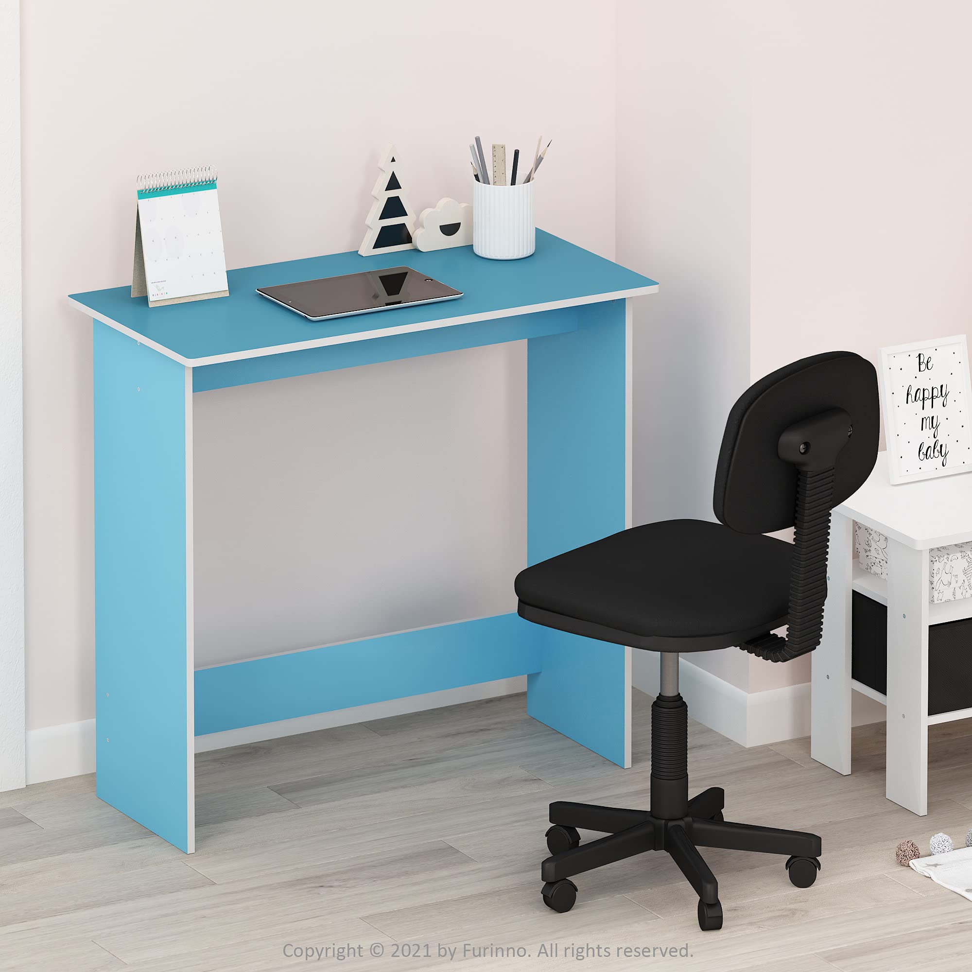 Furinno light blue desk, side view demonstrates sturdy support for light tasks.