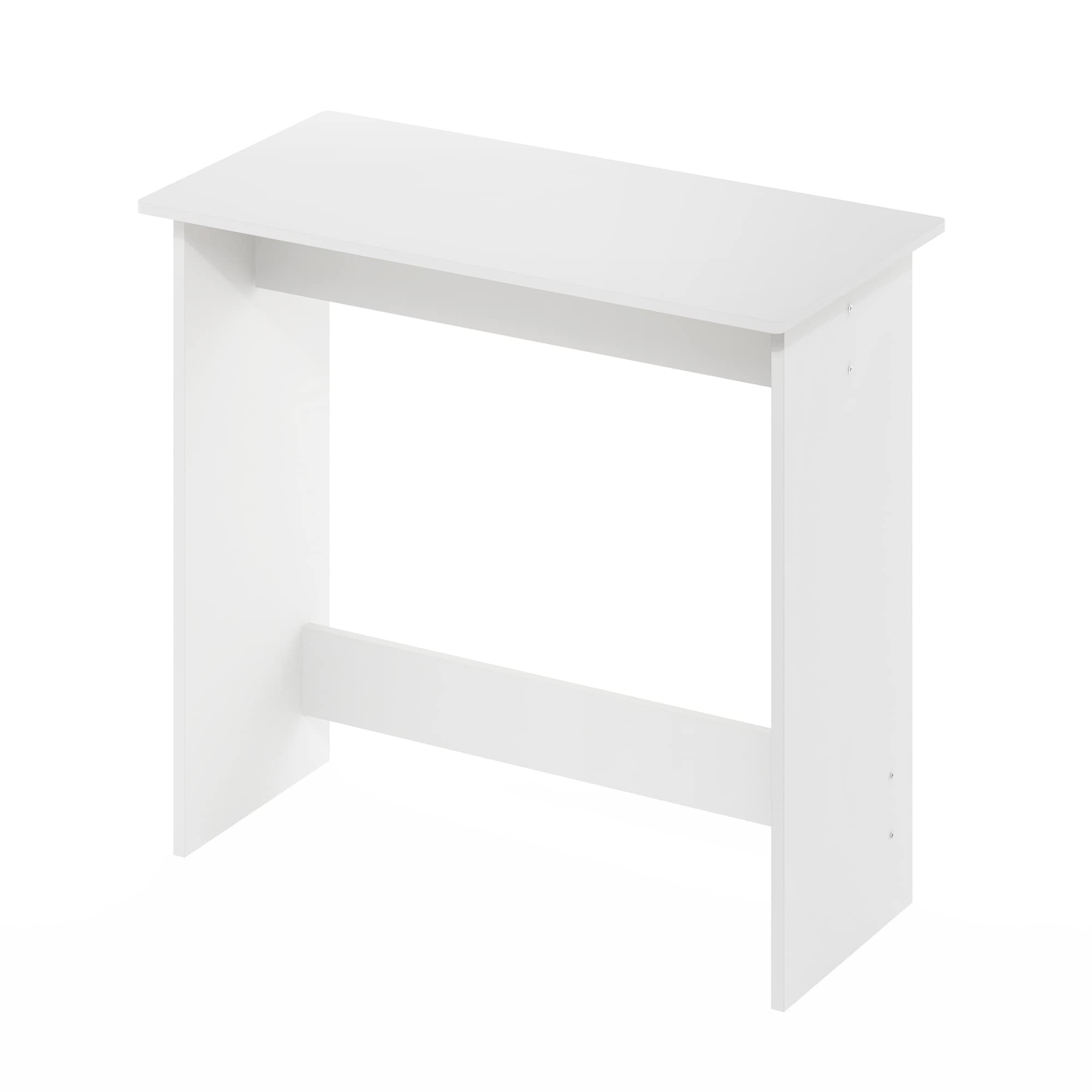 Monitors and keyboard fit on the white desk surface