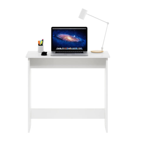 Compact white desk in a small home office setting