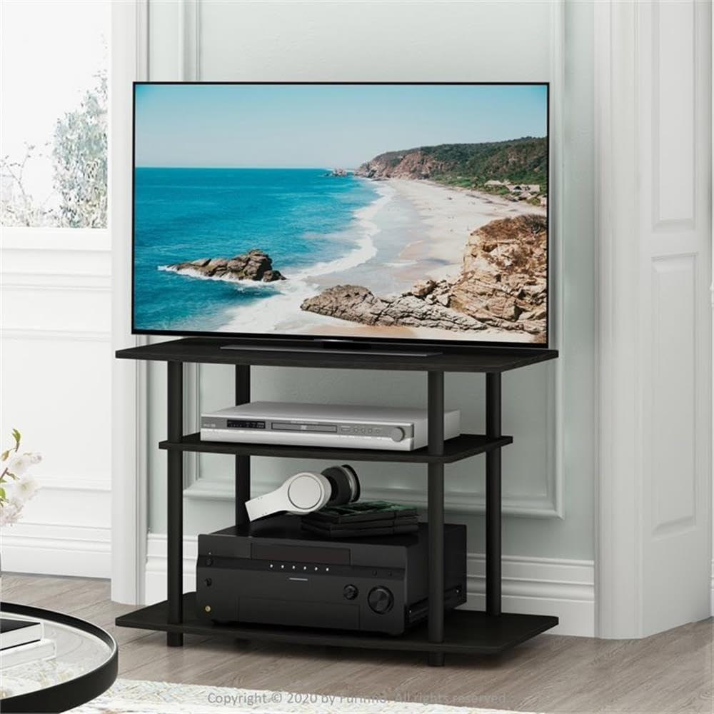 Furinno Turn-N-Tube 3-tier shelves keep game consoles and decor organized.