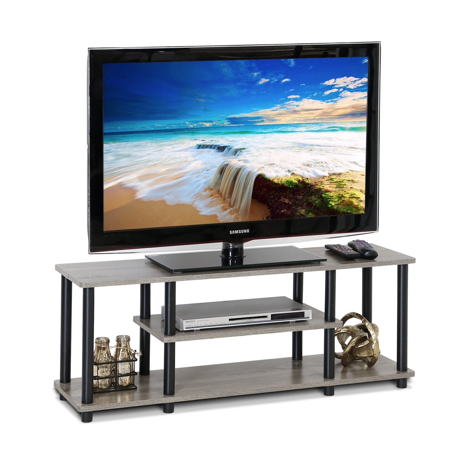 Furinno Turn-N-Tube TV stand front view with open shelves for media and decor