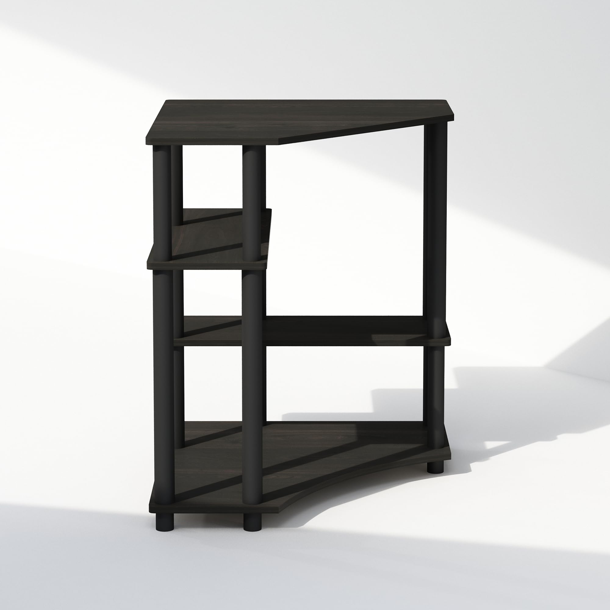 Furinno Turn-N-Tube corner shelf tool-free assembly diagram enables quick setup.