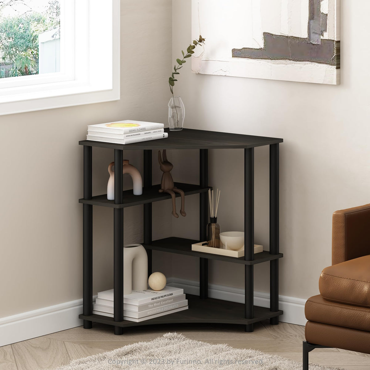 Furinno Turn-N-Tube 4-tier corner shelf top panel showcases space-saving design for small rooms.