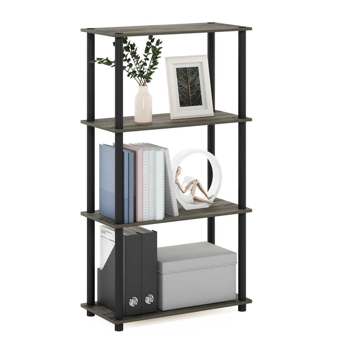 Furinno Turn-N-Tube 4-tier shelf during assembly showing screw-free connection