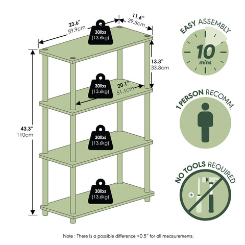 Furinno Turn-N-Tube 4-tier shelf used for books and decor organization.