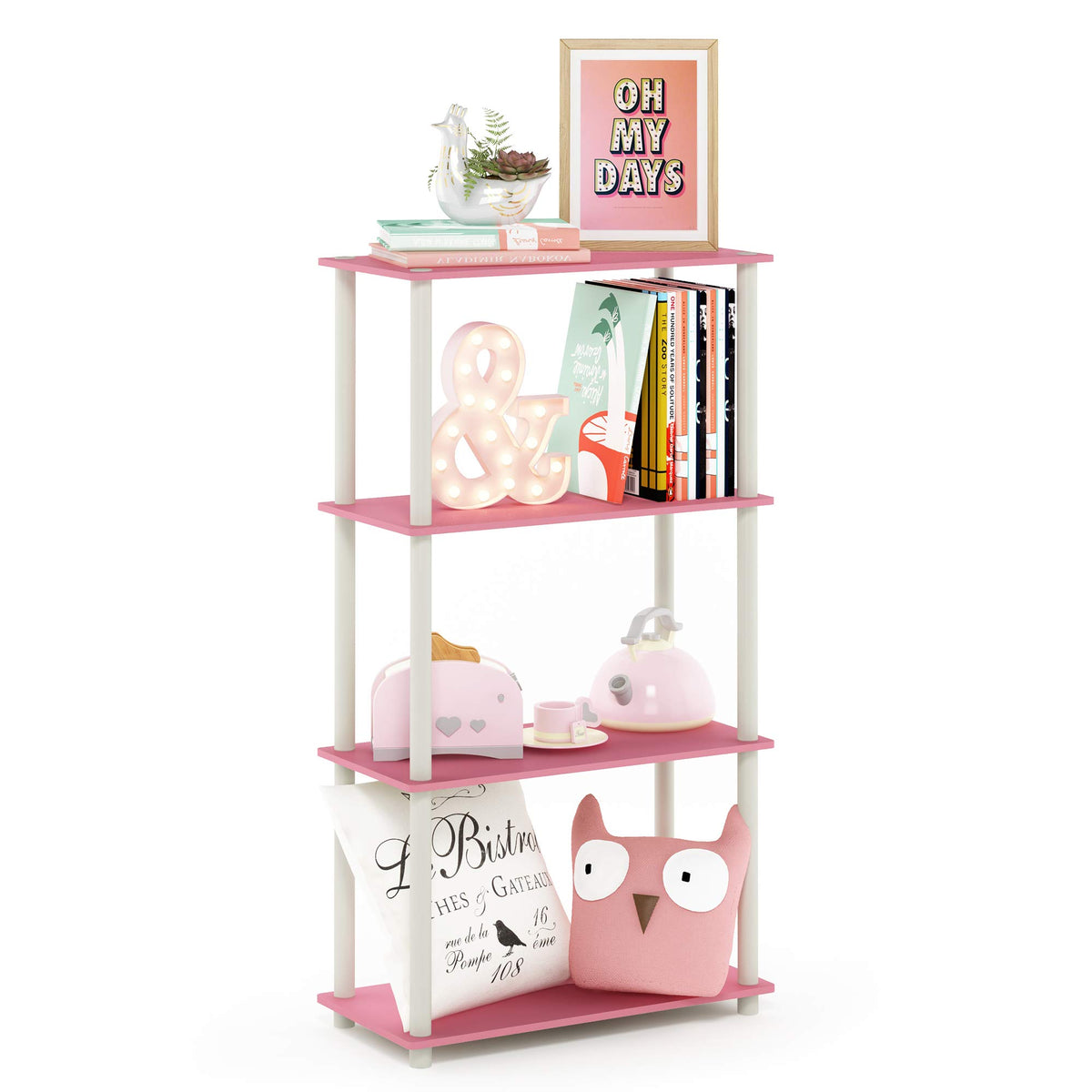 Furinno Turn-N-Tube shelf front view in pink and white, compact space-saving display.