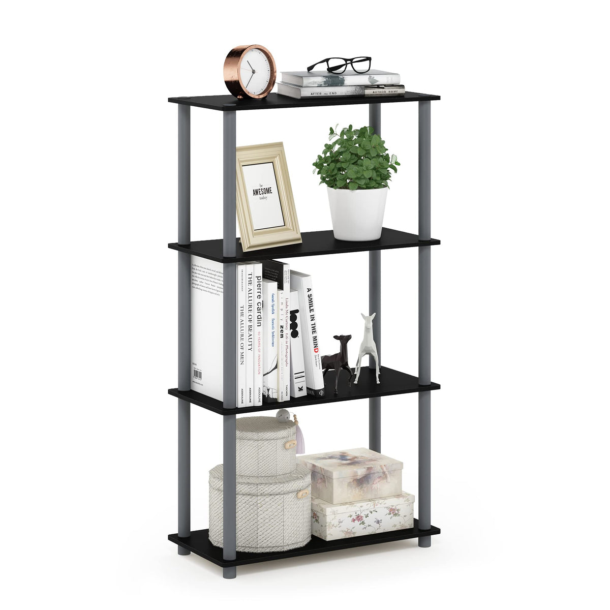 Furinno TURN-N-TUBE 4-tier shelf front view for compact storage.