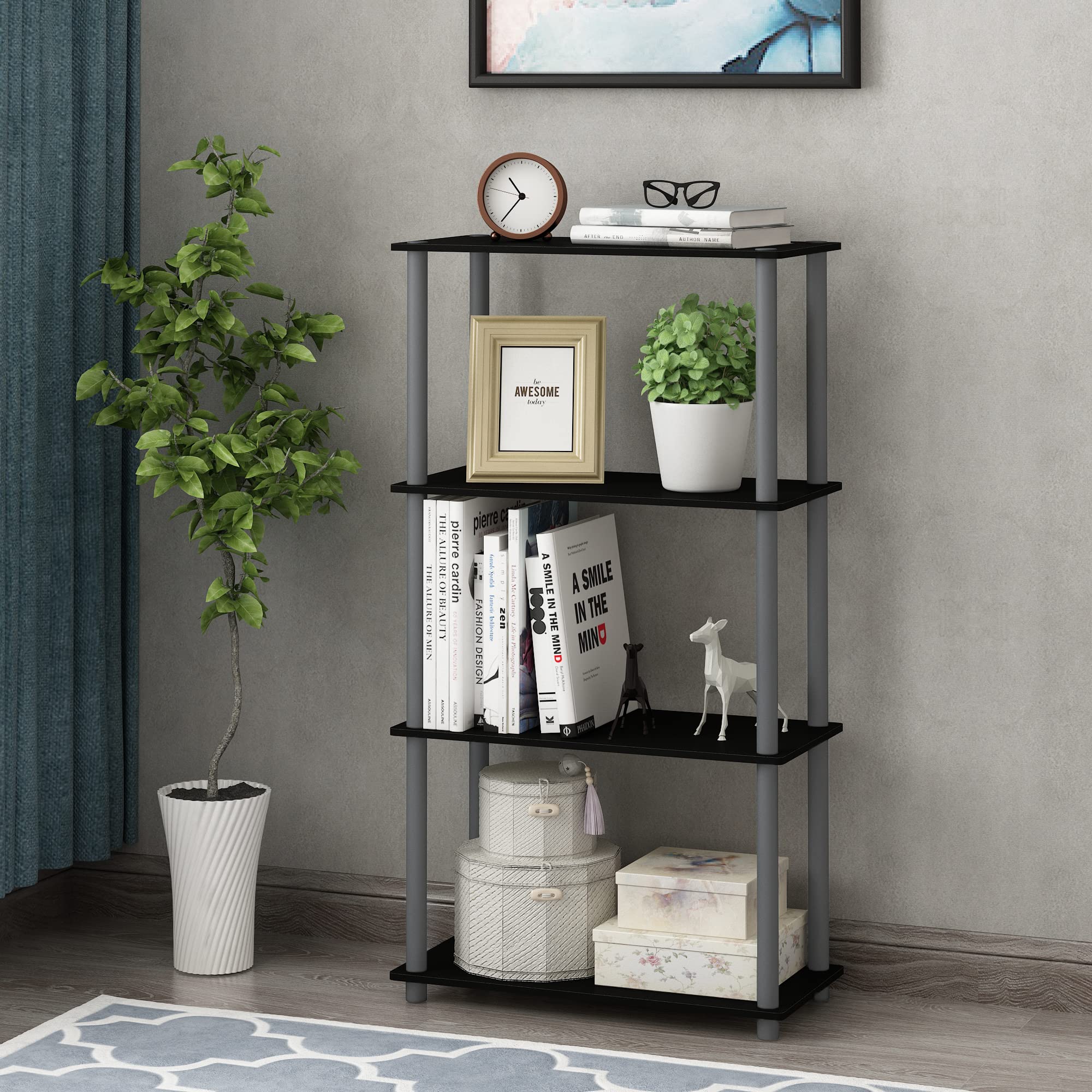 Furinno TURN-N-TUBE shelf side view shows slim footprint in a workspace.