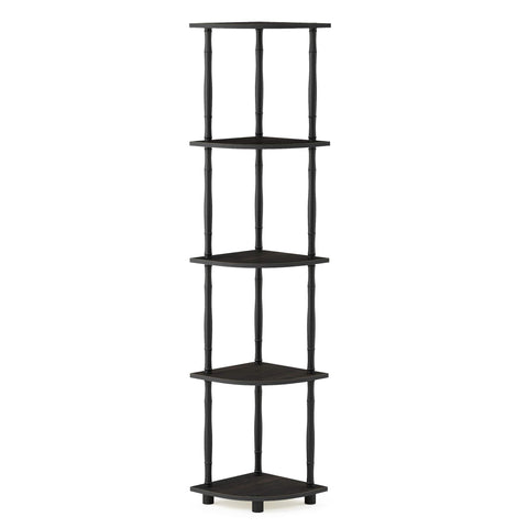 Furinno Turn-N-Tube corner display rack with 5 tiers organizes books and decor.