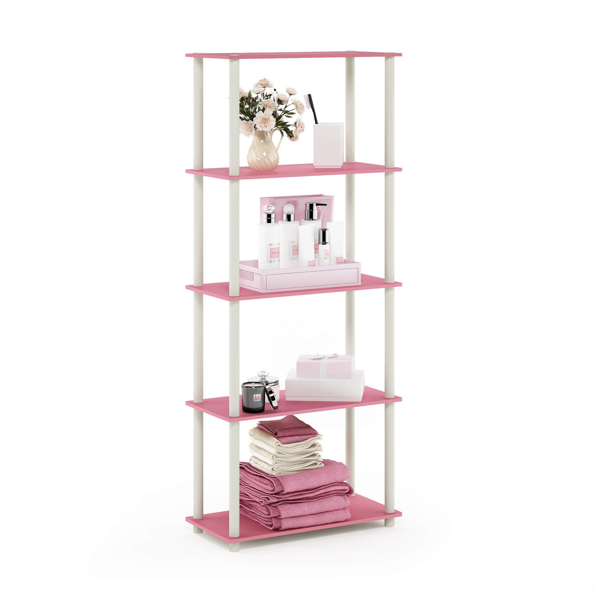 Furinno Turn-N-Tube 5-tier pink corner shelf for books and decor.