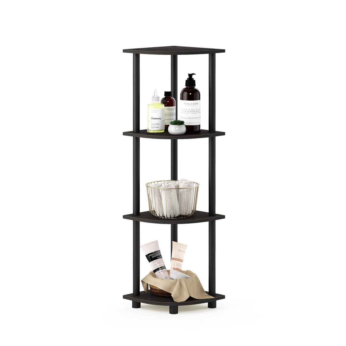 Furinno Turn-N-Tube corner shelf 4-tier design for compact storage in living rooms