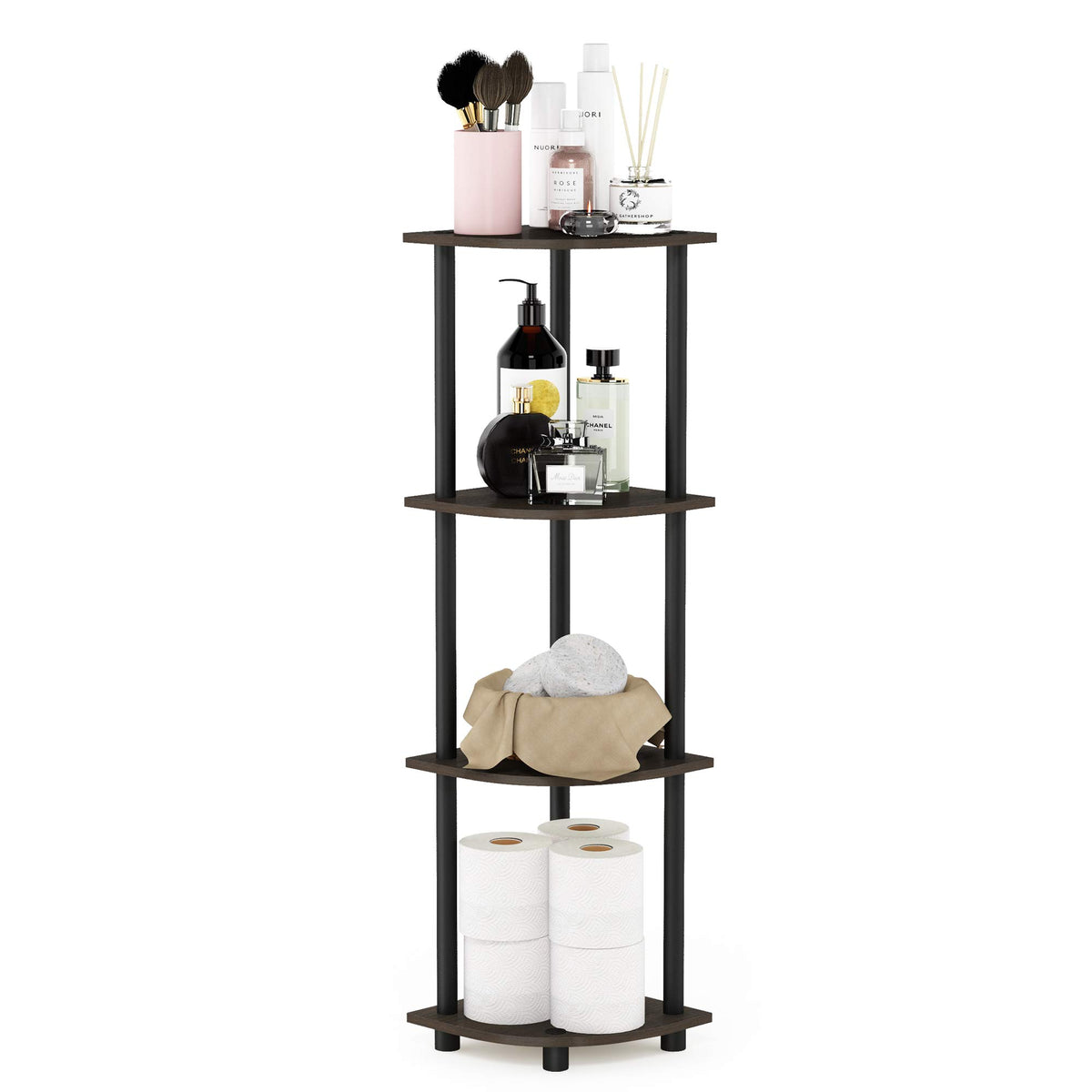 Furinno Turn-N-Tube corner shelf with four open tiers for display.