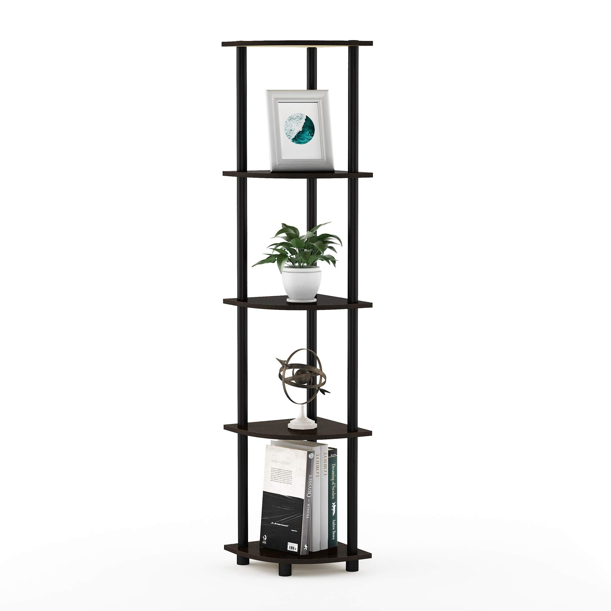 Furinno Turn-N-Tube corner shelf in dark brown grain saves floor space.