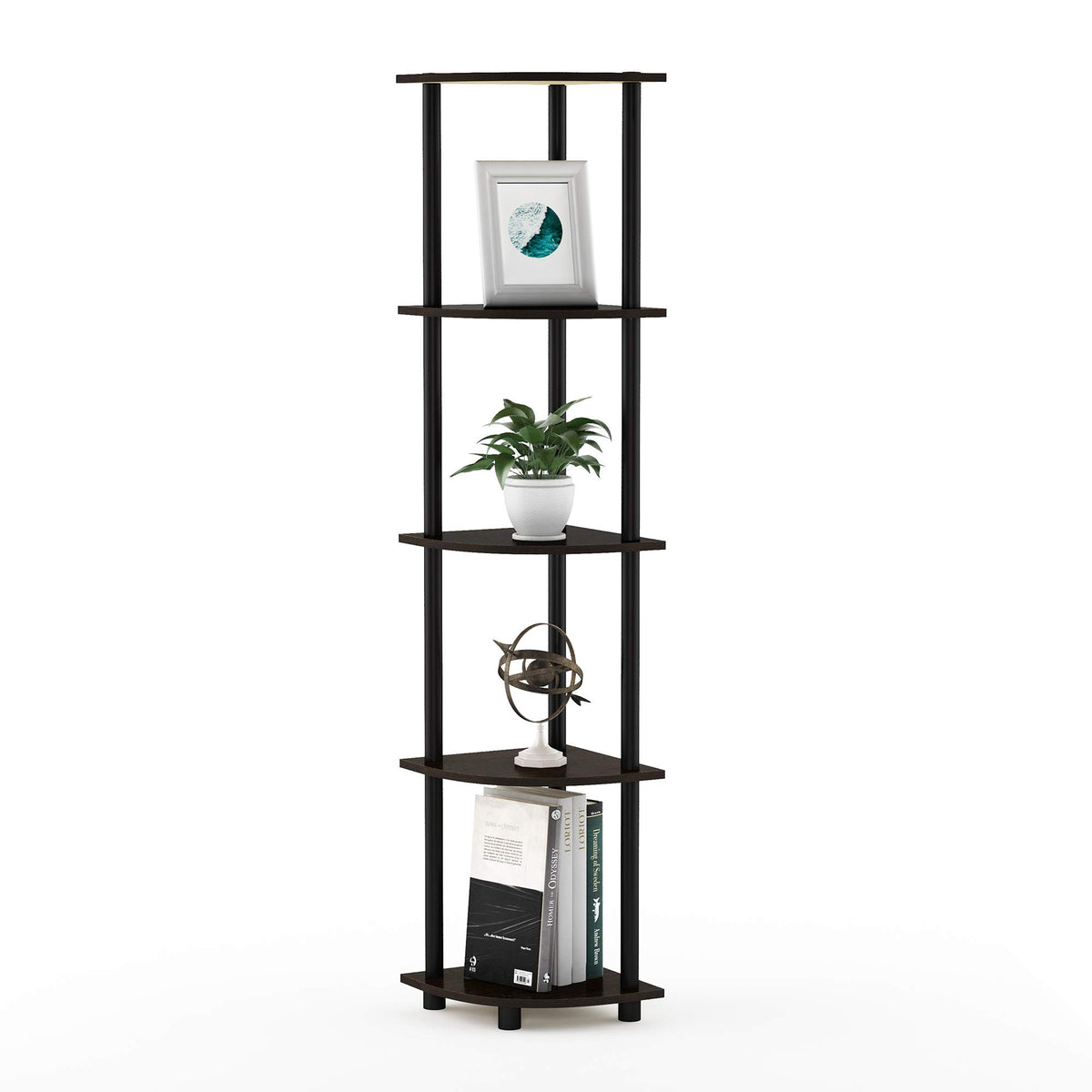 Furinno Turn-N-Tube corner shelf in dark brown grain saves floor space.