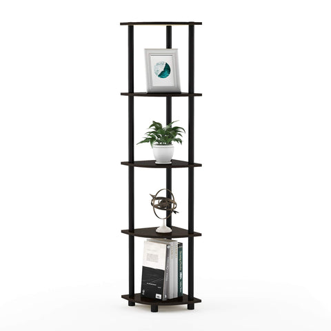Furinno Turn-N-Tube corner shelf in dark brown grain saves floor space.