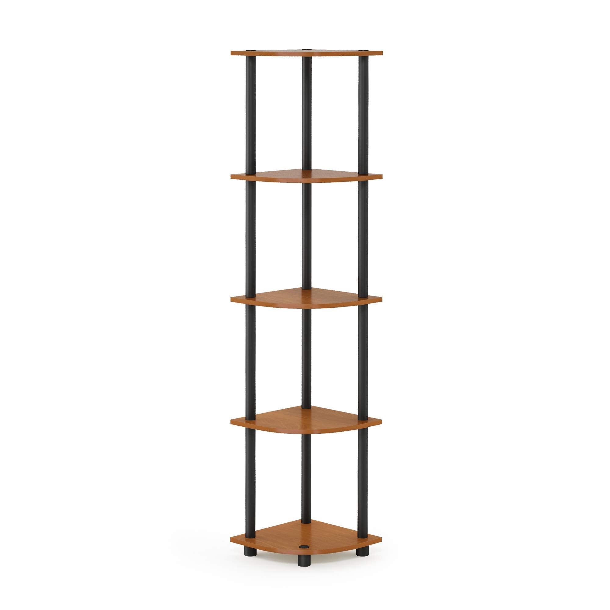 Furinno TURN-N-TUBE corner shelf in light cherry shows five-tier storage for small spaces