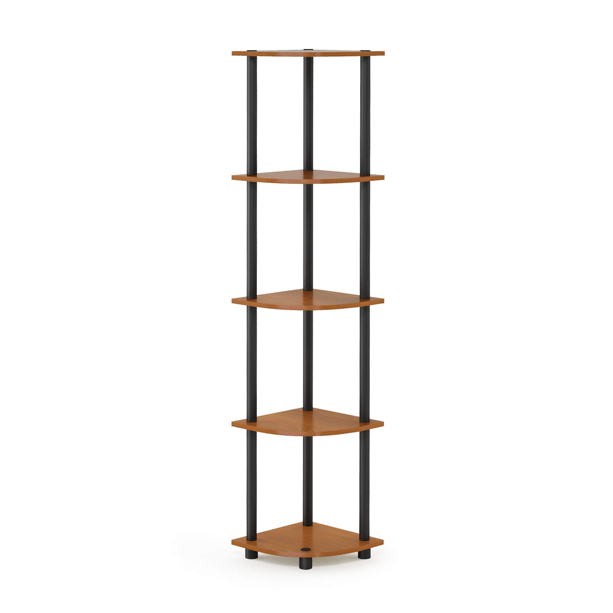 Furinno TURN-N-TUBE corner shelf in light cherry shows five-tier storage for small spaces