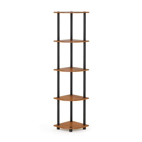 Furinno TURN-N-TUBE corner shelf in light cherry shows five-tier storage for small spaces