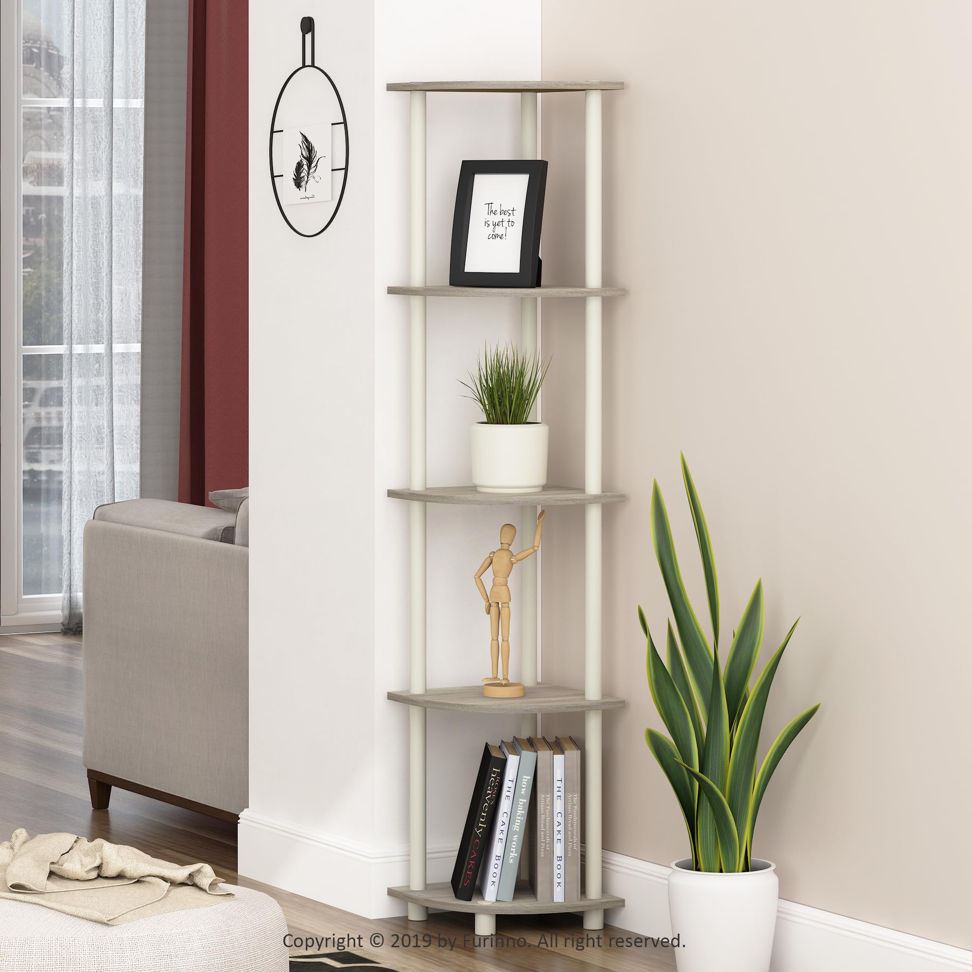 Furinno Turn-N-Tube 5-tier corner shelf filled with books and décor.
