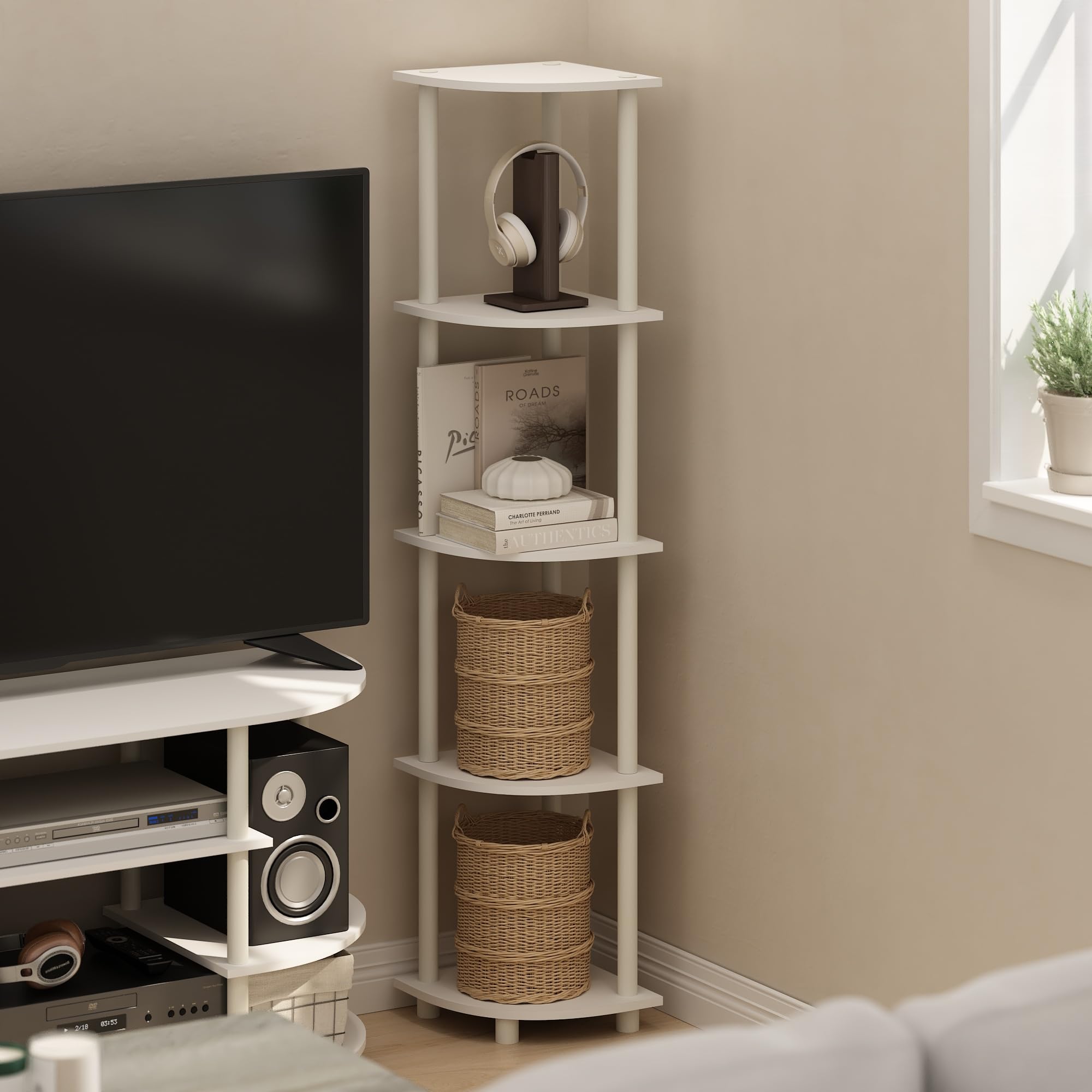 Furinno Turn-N-Tube 5-tier shelf keeps books and décor neatly organized.