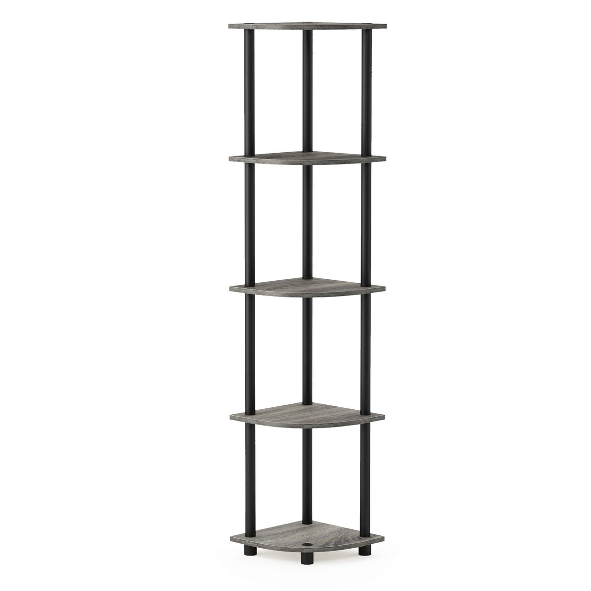 Furinno Turn-N-Tube corner shelf 5-tier for efficient display in tight living spaces.