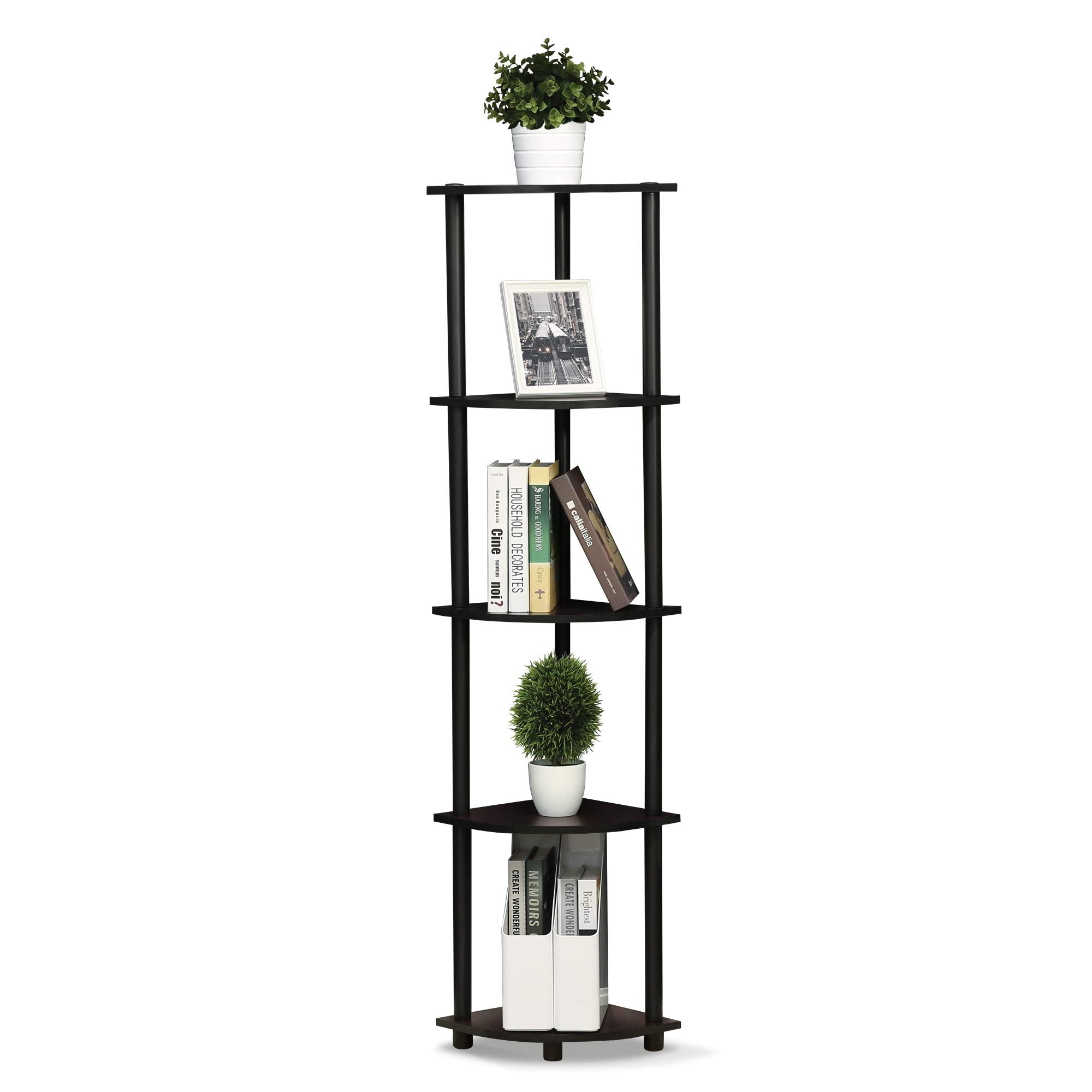 Furinno Turn-N-Tube corner shelf 5-tier displaying books and decor in small spaces.