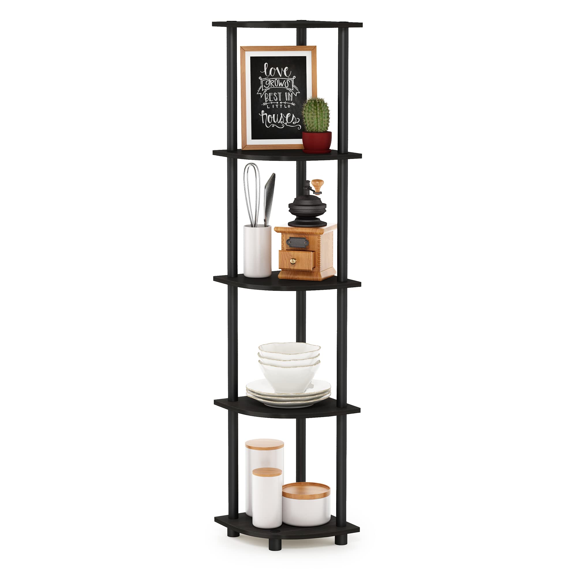 Furinno Turn-N-Tube corner shelf assembly step showing tool-free setup
