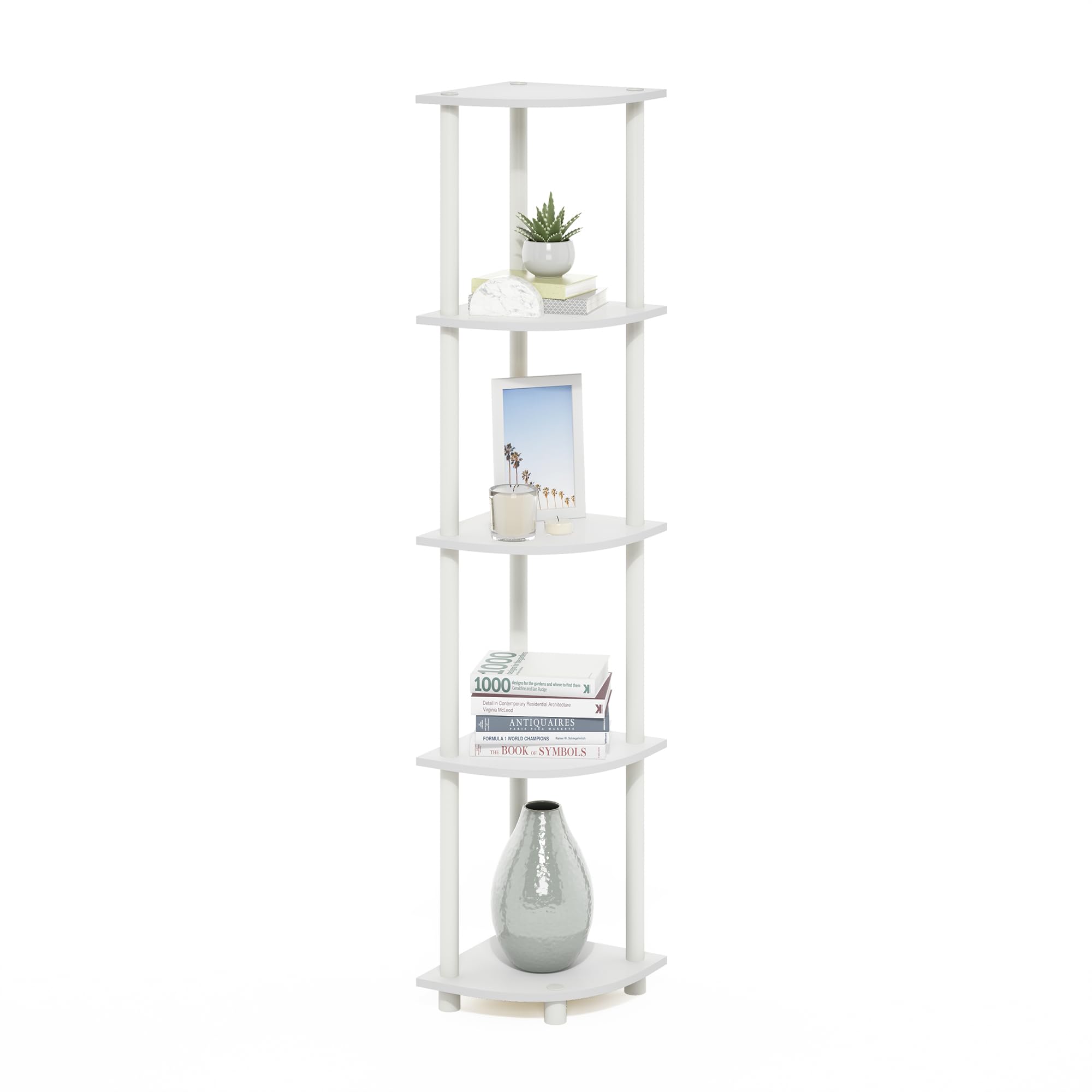 Furinno Turn-N-Tube corner shelf assembly for easy, tool-free setup in small spaces.