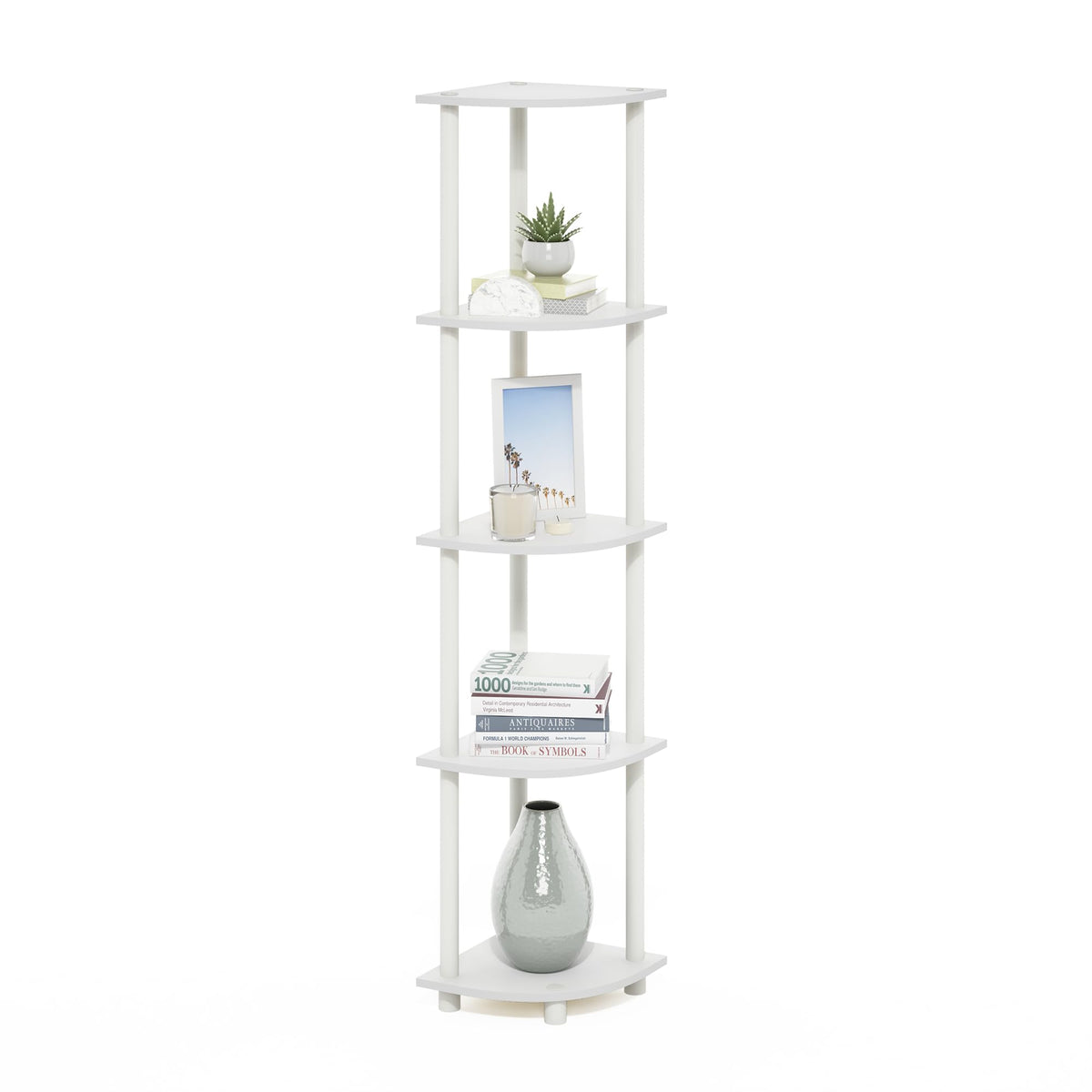 Furinno Turn-N-Tube corner shelf assembly for easy, tool-free setup in small spaces.