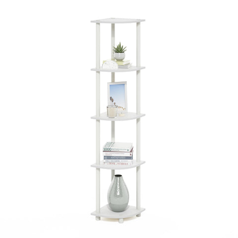 Furinno Turn-N-Tube corner shelf assembly for easy, tool-free setup in small spaces.