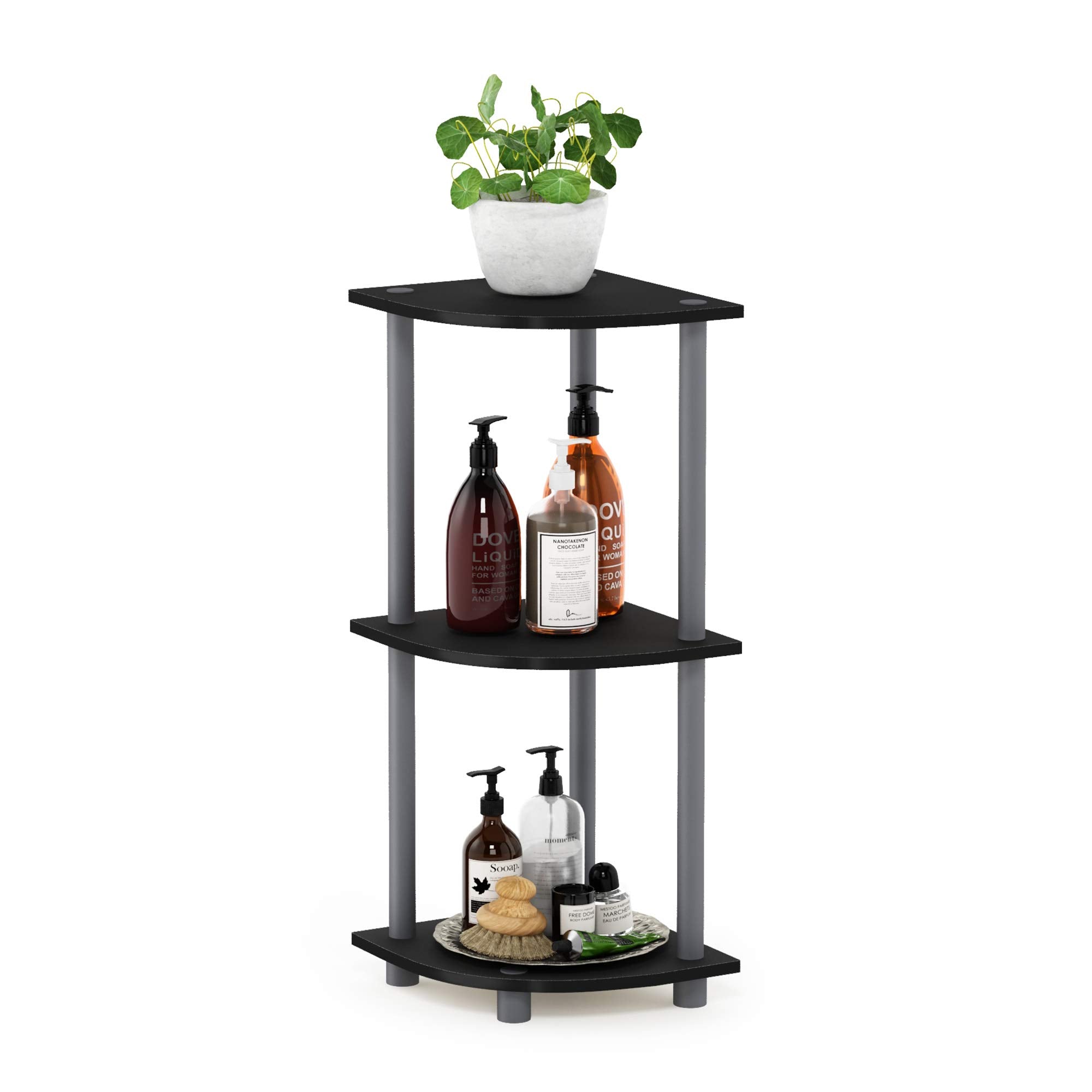 Furinno TURN-N-TUBE corner shelf shown during tool-free assembly and compact footprint