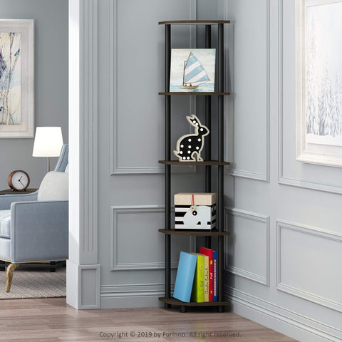 Five-tier shelf displays books and decor neatly on display.