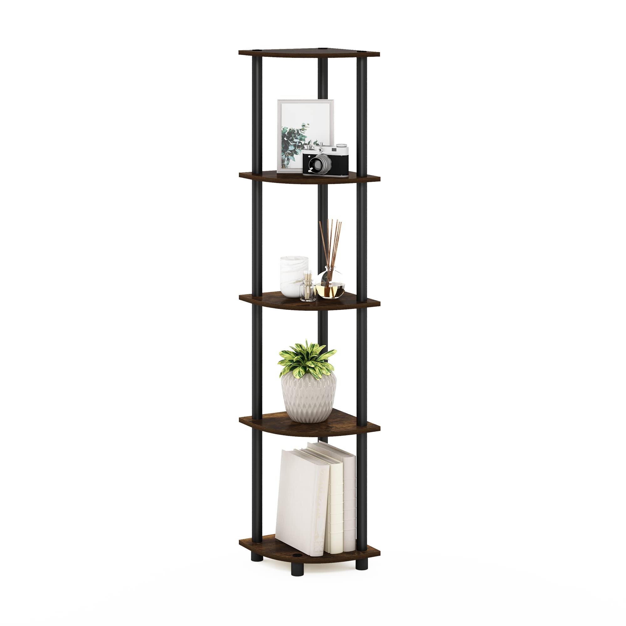 Furinno Turn-N-Tube corner shelf showcases books neatly.