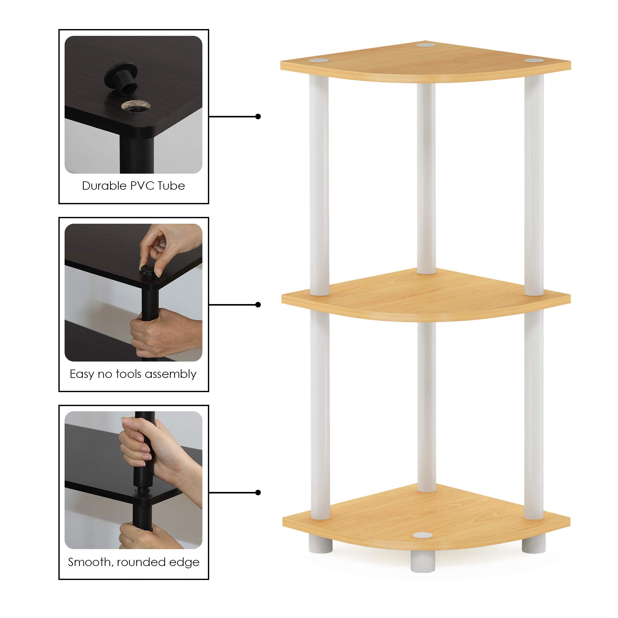 Furinno Turn-n-Tube corner shelf dimensions 11.6 in deep by 11.6 in wide by 29.6 in high