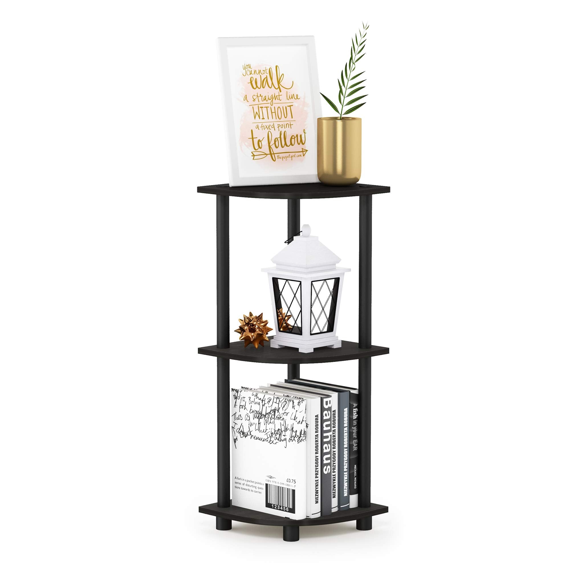 Furinno Turn-N-Tube corner shelf in espresso, 3-tier space-saving display
