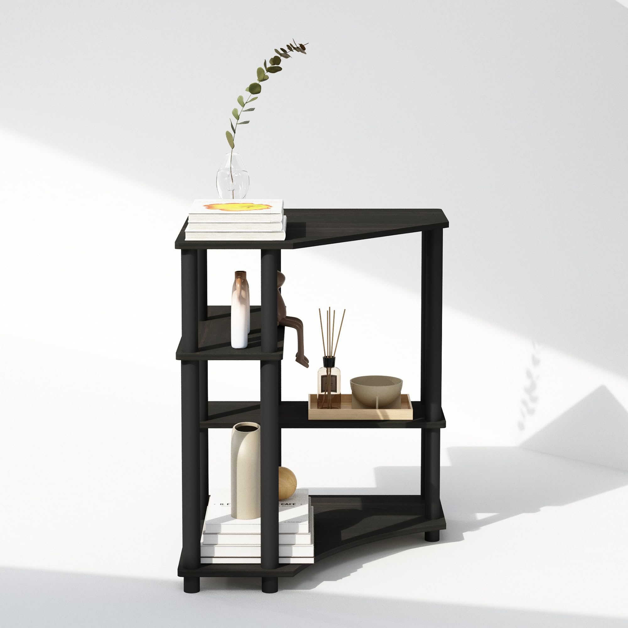 Furinno Turn-N-Tube corner shelf in home office supports tidy cables and display.