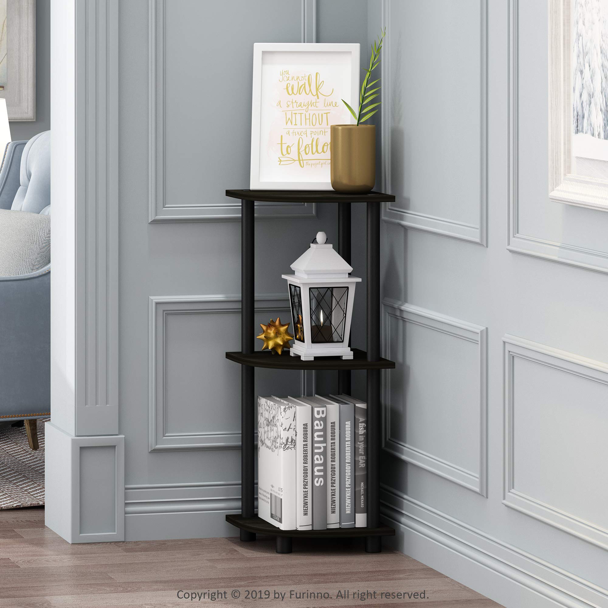 Furinno Turn-N-Tube corner shelf with open shelves for books and decor