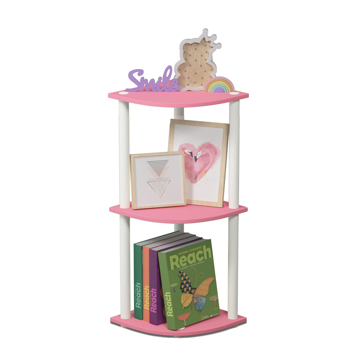 Furinno Turn-N-Tube pink corner shelf angled view saves space.
