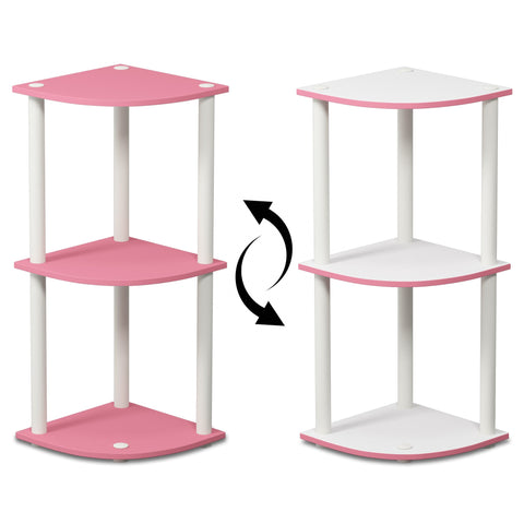 Furinno Turn-N-Tube pink corner shelf compact footprint for small rooms.