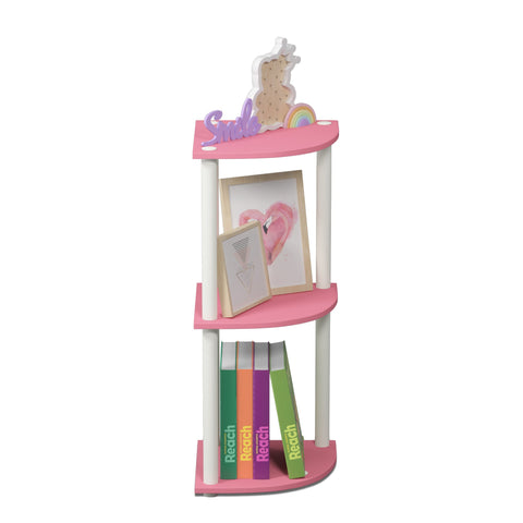 Furinno Turn-N-Tube pink corner shelf fits living room setup.