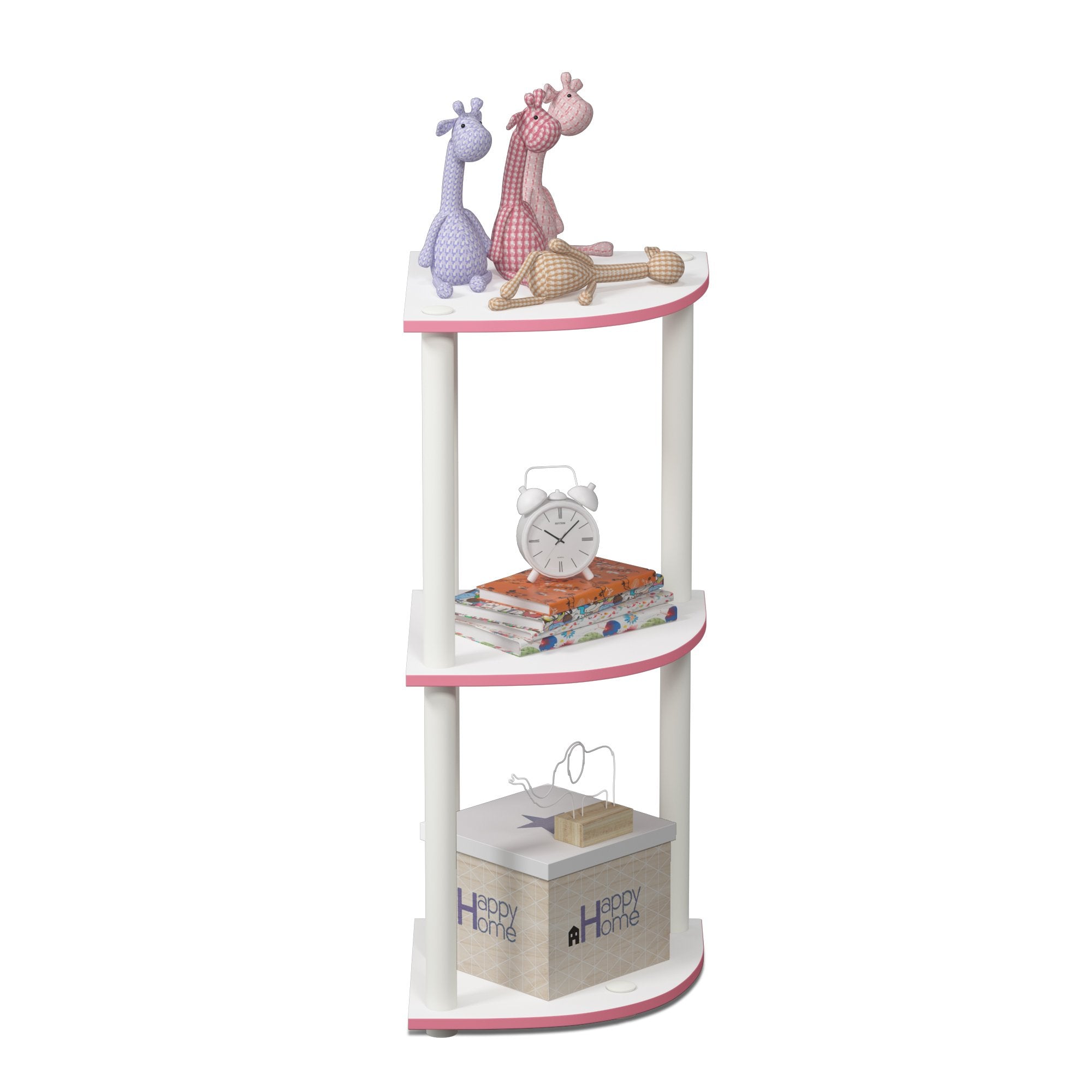 Furinno Turn-N-Tube pink corner shelf sturdy construction for lasting use.