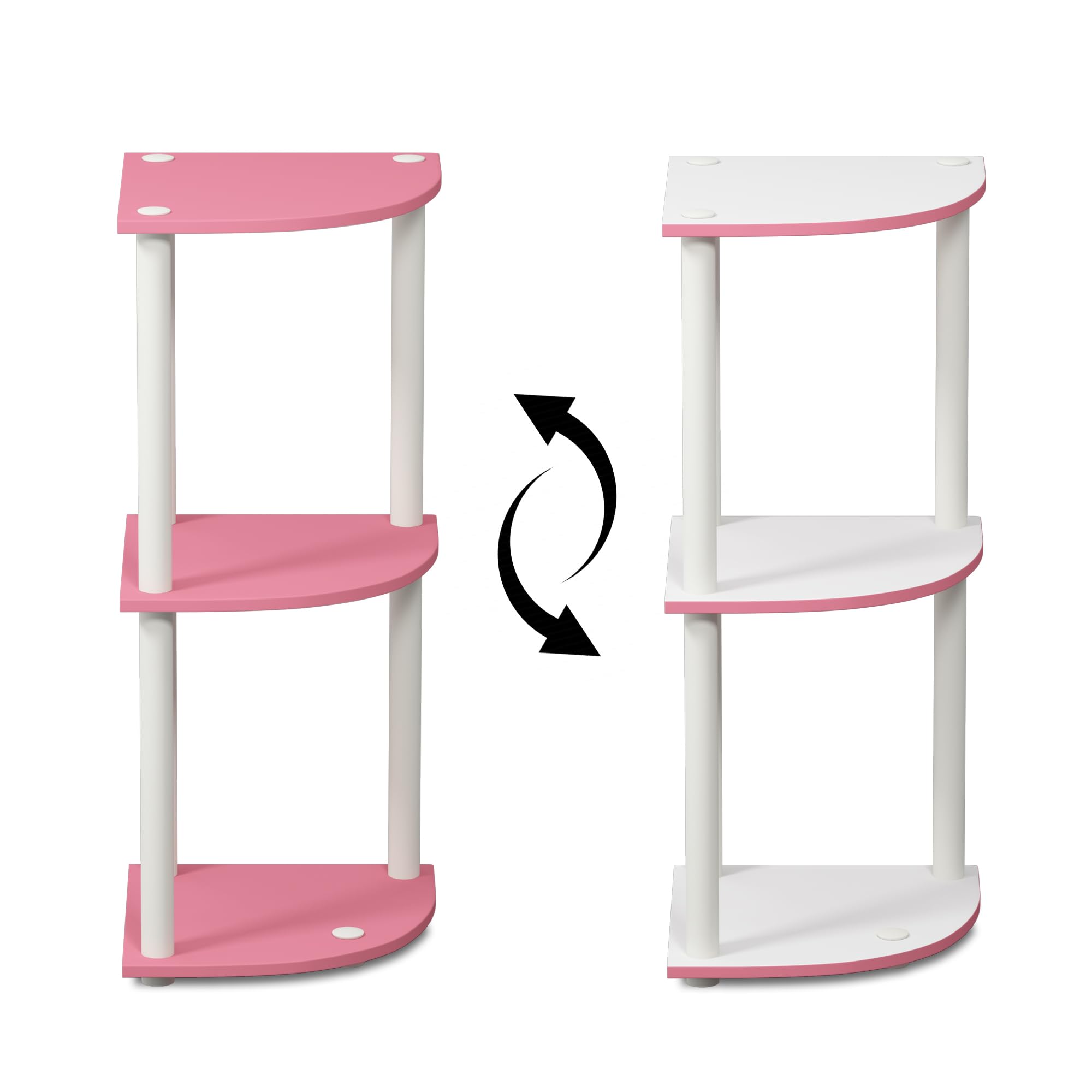 Furinno Turn-N-Tube pink corner shelf 60 lb total weight capacity.