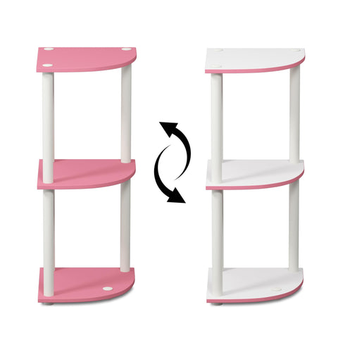 Furinno Turn-N-Tube pink corner shelf 60 lb total weight capacity.