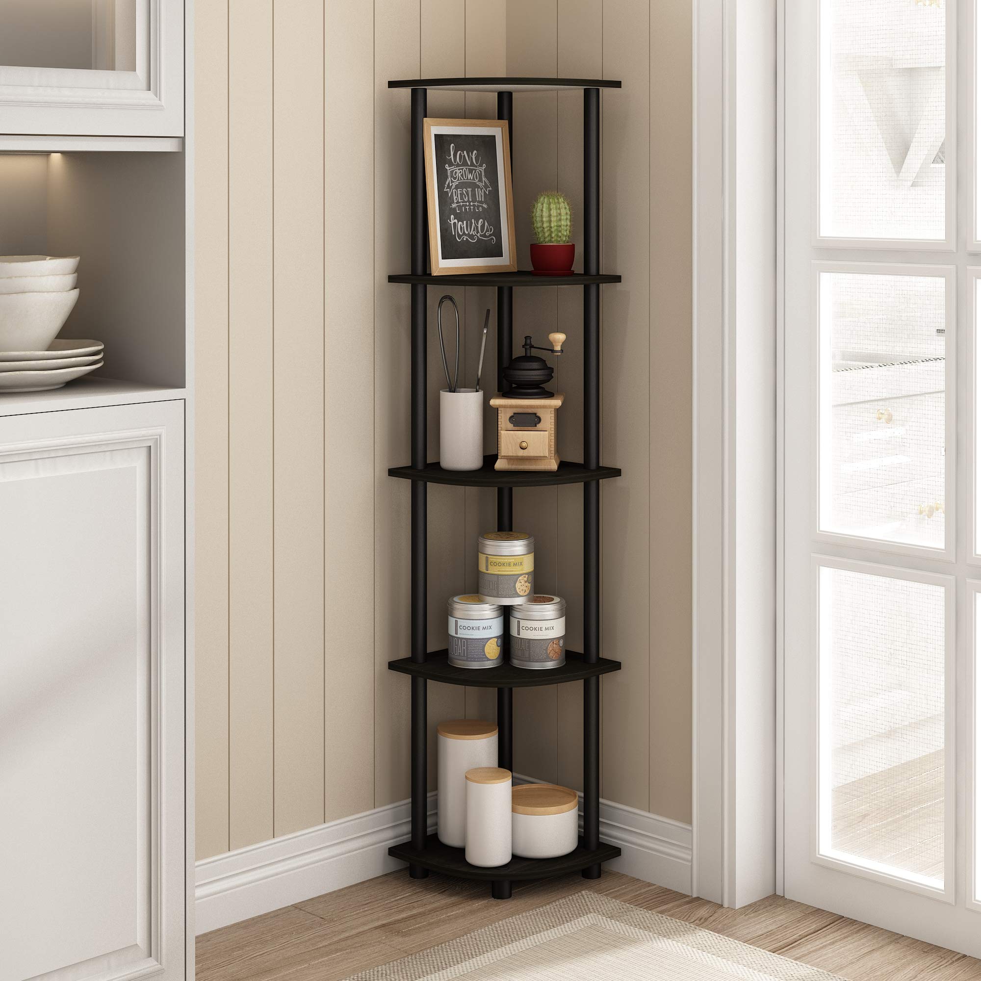 Furinno Turn-N-Tube corner shelf side view highlighting space-saving design