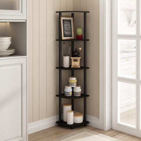 Furinno Turn-N-Tube corner shelf side view highlighting space-saving design