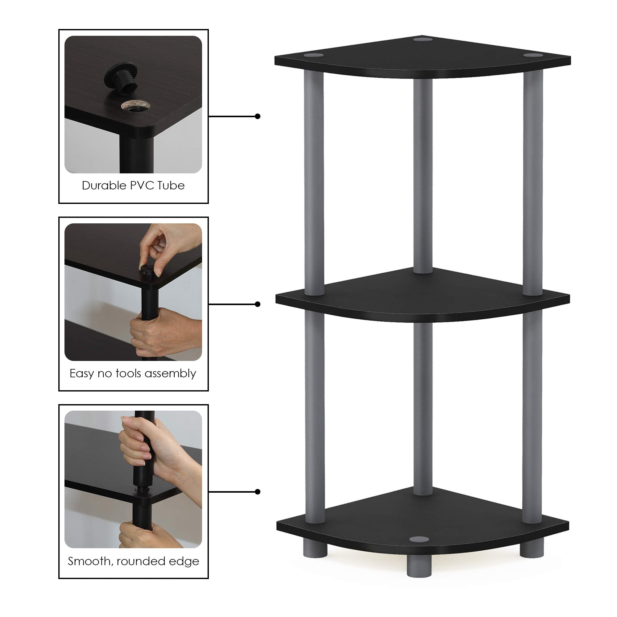 Furinno TURN-N-TUBE corner shelf demonstrating sturdy construction with tubes and composite wood