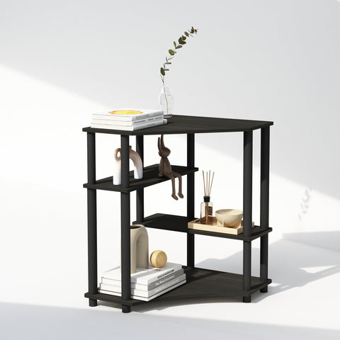 Furinno Turn-N-Tube 4-tier shelf in living room demonstrates compact organization.
